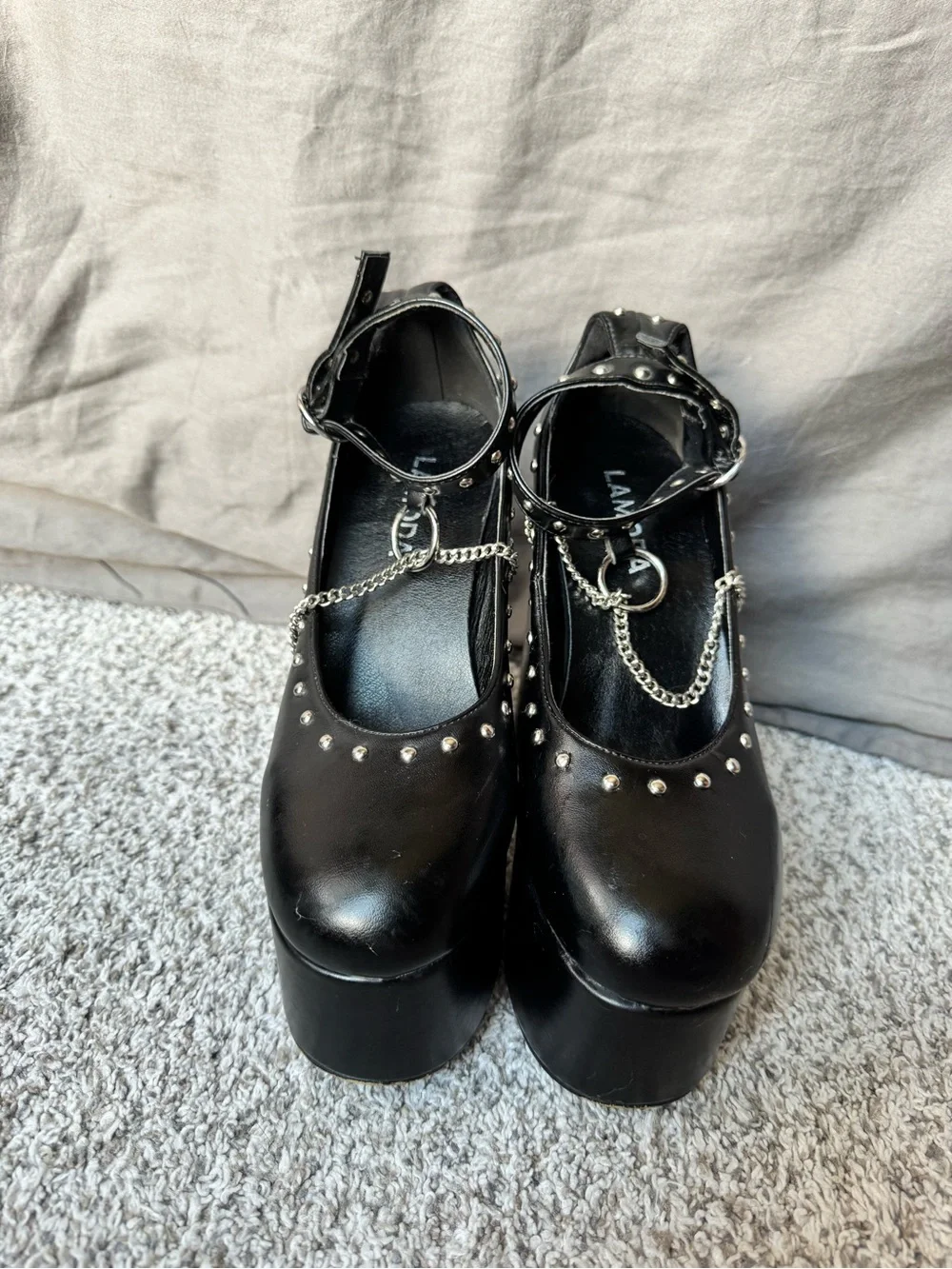 Black Platform Mary Jane Heels with Silver Studs & Chain Trim